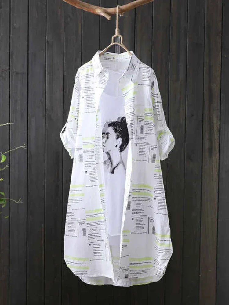 Plus size afslappet print bogstaver mellemlang bluse kvinder efterårsbluse langærmede skjorter koreansk stil damebluser chikke bluser