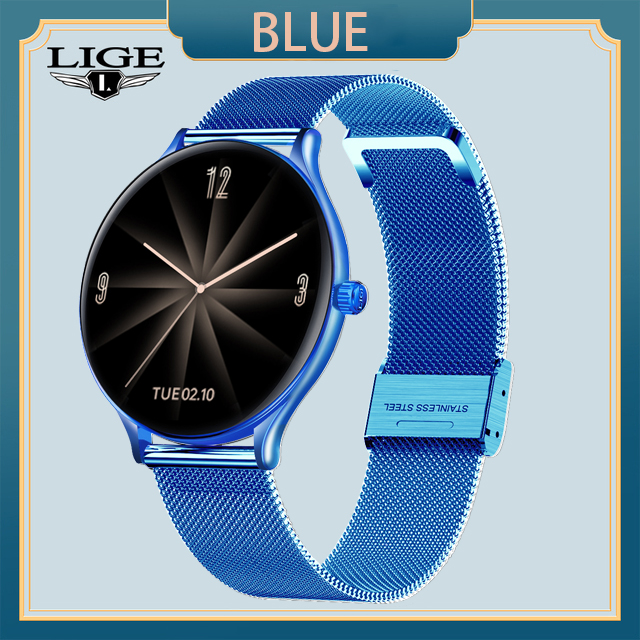 LIGE Full Circle Touch Screen Luxury Smart Watch Women Smart Wristband Fitness Bracelet Men Heart Rate Waterproof Smartwatch: Mesh belt Blue