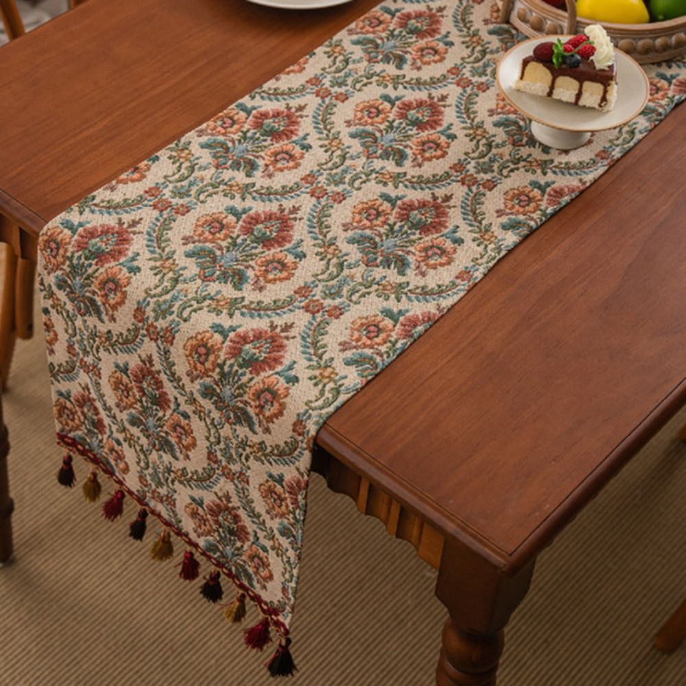Heminredning vintage jacquard bordslöpare blommönster med tofsduk förtjockad bordsduk år