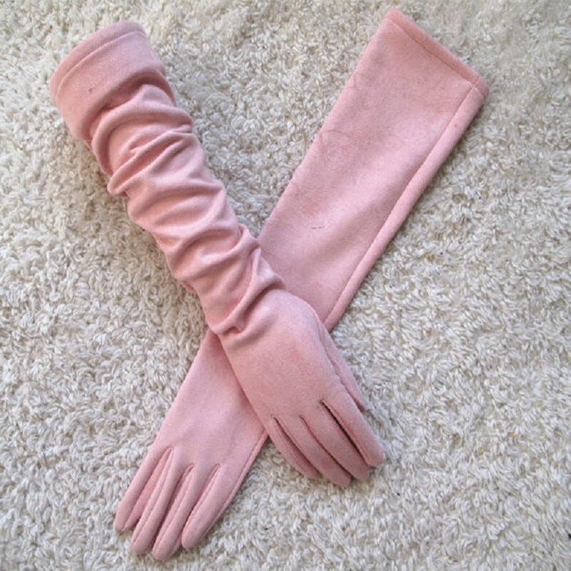 Touch Screen Gloves Warm Full Finger Gloves Winter Ladies Gloves Suede Long 50CM Arm Suede Touch Screen Thick Gloves: Pink