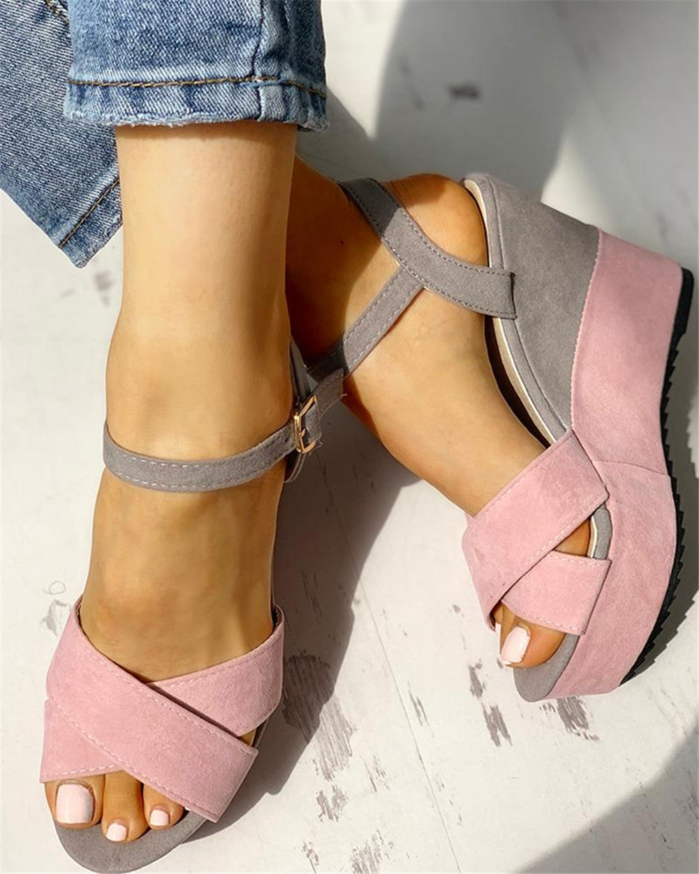 INS ankle-strap Leisure Wedges Women Shoes Summer Sandals Woman patchwork Platform High Heels Shoes Woman