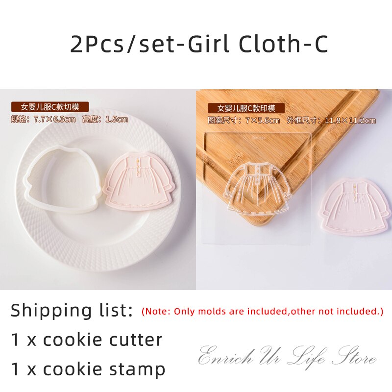 2Pcs Baby Clothes Embossed Cookie Mold Kids Birthday Cake Decorating Tools Fondant Biscuit Cutter Boy Girl Party Dessert Mold: GirlCloth-C