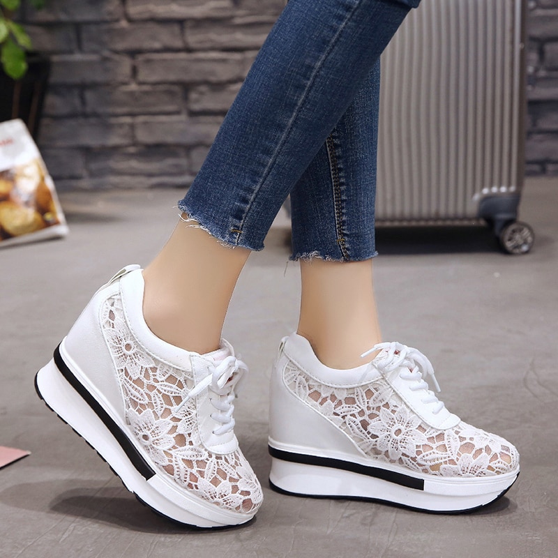 Summer Lace Breathable Sneakers Women Shoes Comfortable Casual Woman Platform Wedge Shoes lace up Muffin bottom shoes