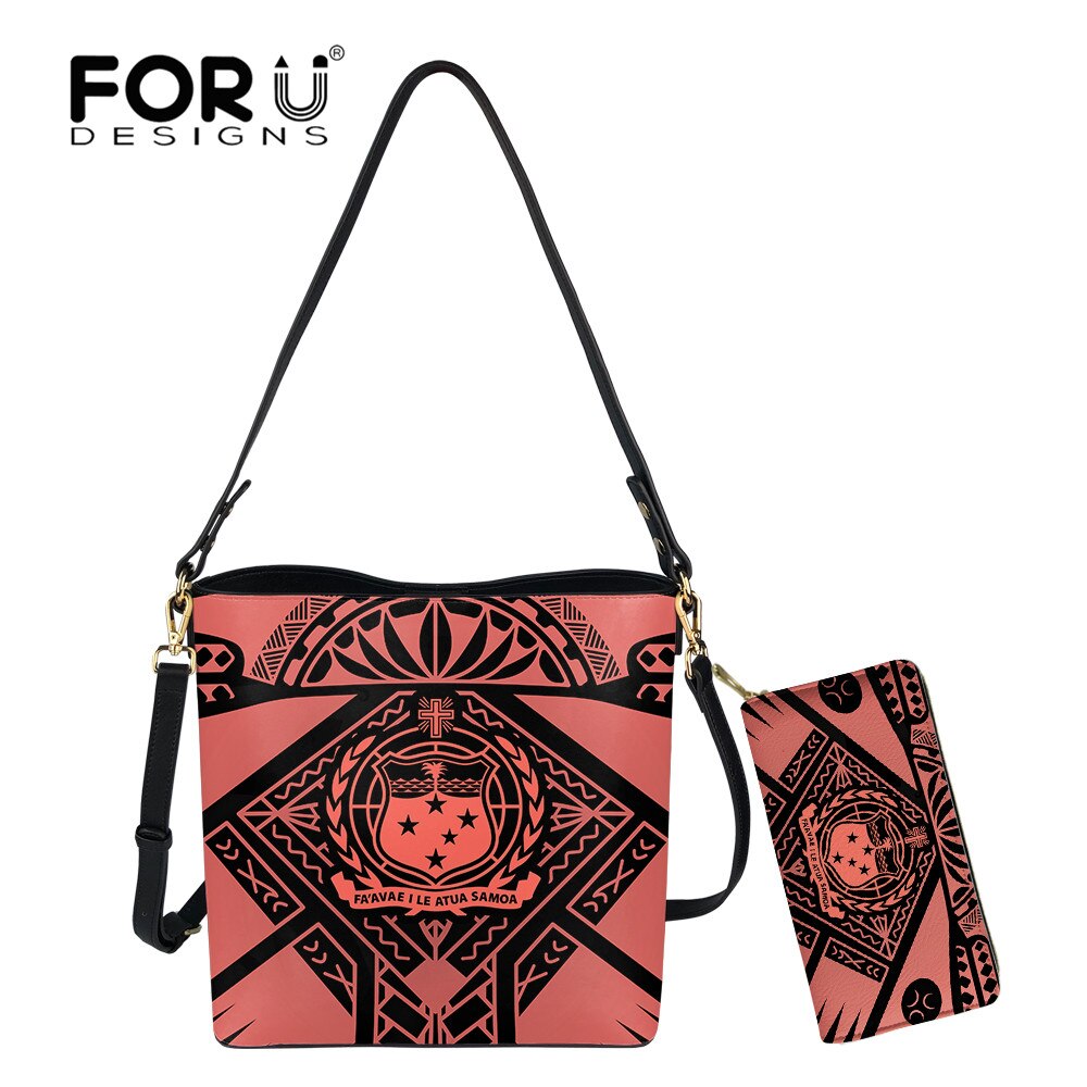 Forudesigns Vrouw Leahter Schoudertassen En Portemonnee Samoa Tribal Emmer Bag Lady Pu Top-Handvat Tas bolsa Mujer: HTE2051D61 Z21 / 2Pcs set