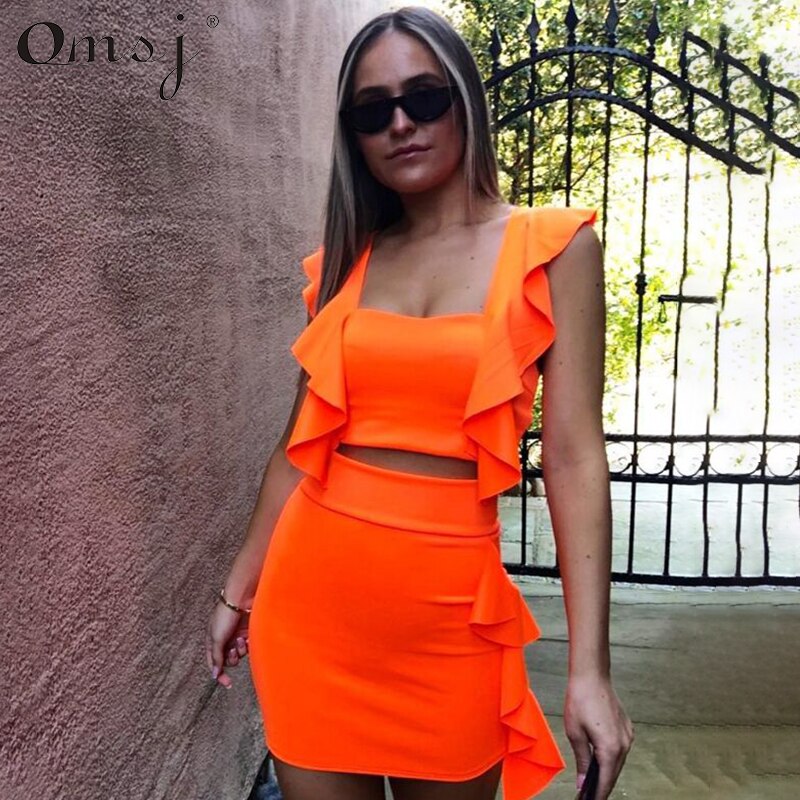 OMSJ Strand Stijl 3 Kleuren Vrouwen Zomerjurk Neon Roze Groen Oranje Ruffle Crop Top + Mini Rok sexy Night Club Outfits