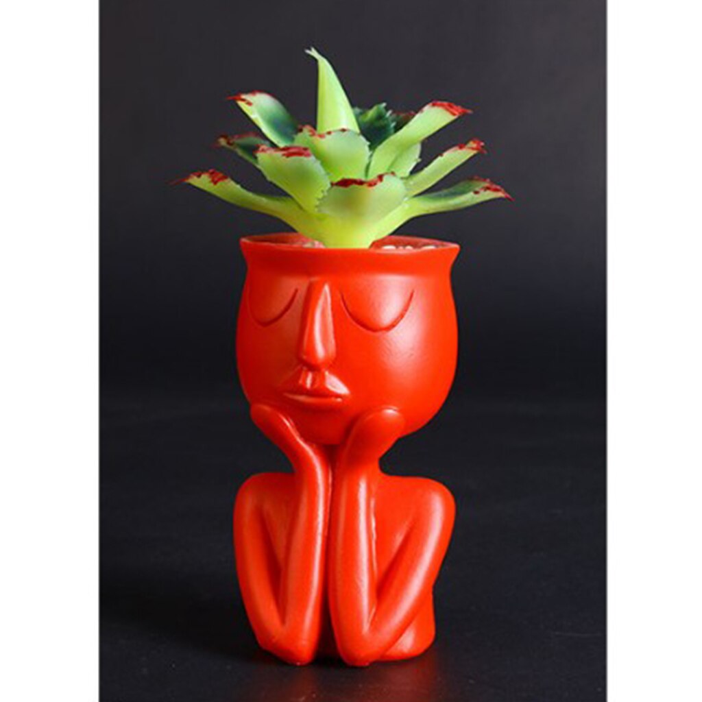 Menneskeligt portræt skulptur urtepotte vase saftige kaktusplanter sort_a