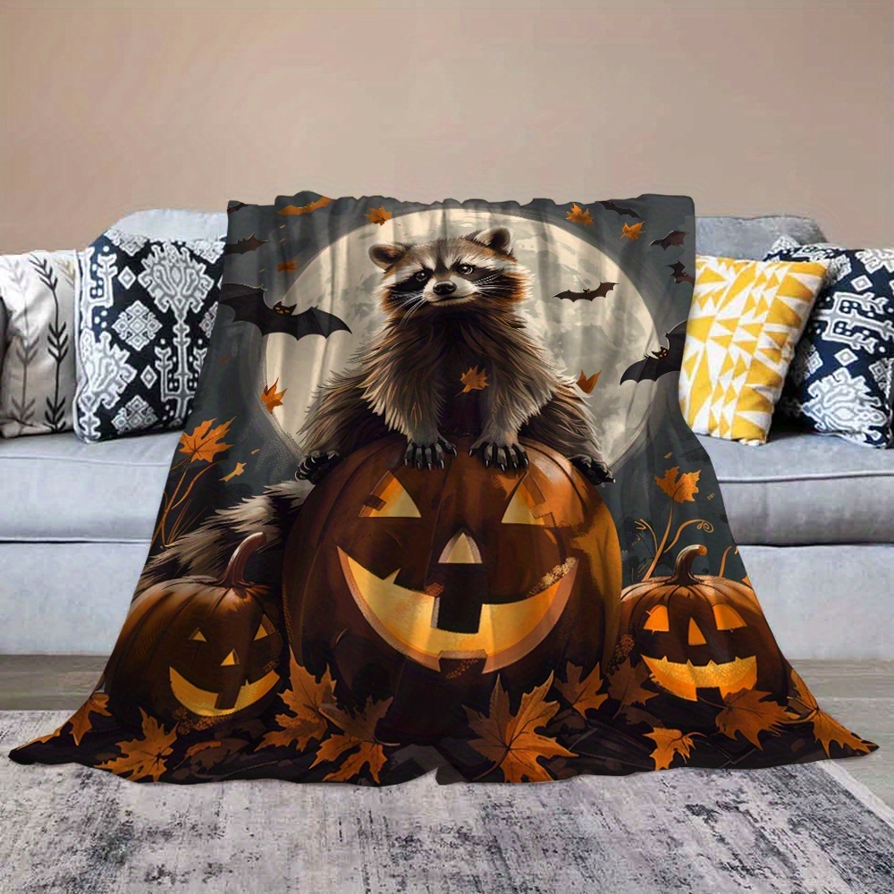 Żywy wyświetlacz | Przytulny koc polarowy na Halloween z szopem i nietoperzem żart idealnym jesienno-zimowym prezentem dla nastolatków i dorosłych.