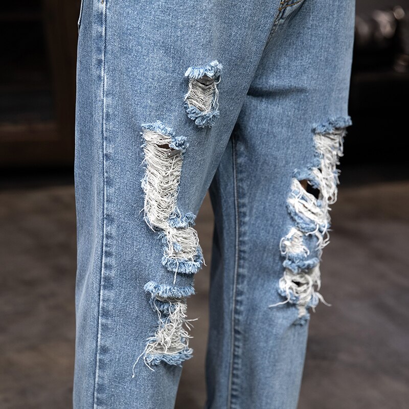 Pantalones vaqueros rasgados para hombre, pantalón de pierna ancha, corte recto, corte holgado, azul, desgastado, Agujero roto, ropa de calle, estilo Punk, longitud hasta el tobillo