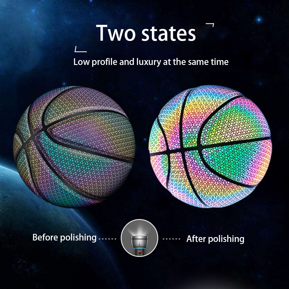 Palla da basket luminosa sfera Flash illuminata riflettente olografica PU gioco di sport notturni di pallacanestro incandescente resistente all&#39;usura