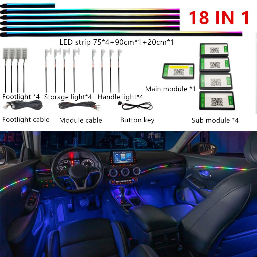 Luz ambiental LED sinfónica para coche 64 RGB guía de luz acrílica Interior atmósfera de decoración de coche de fibra óptica 18/14/10/6 en 1 Universal