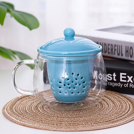 Colador de frutas y té de cerámica , vaso de té con cubierta, de cumpleaños, nueva Deisign, taza de té de estilo chino: Azul