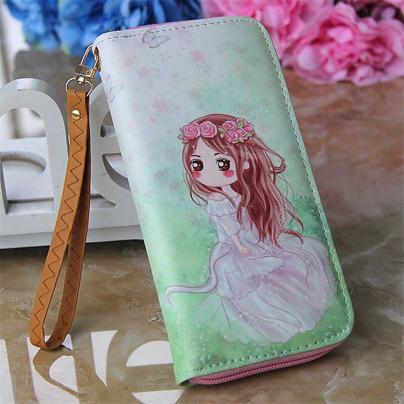 Lovely Women Girl Long Cartoon Raffiti Wallet Bag with Strap Card Holder Coin Purse Change Wallet Zip PU Leather Letter Handbags: 9