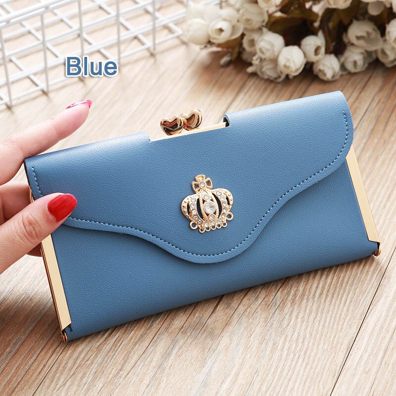 Women Crown Wallets Hasp Lady Purses Girls Moneybags Clutch Woman Handbag Wallet Cards ID Holder Long Purse Bags Billfold Clips: Blue