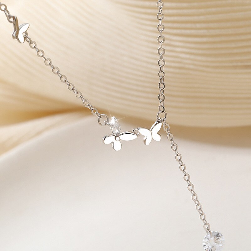 Süße Stil Silber Farbe Schmetterling Intarsien Zirkon Halskette Einstellbar Blume Kurze Quaste Kette Halskette Für Mädchen Frauen
