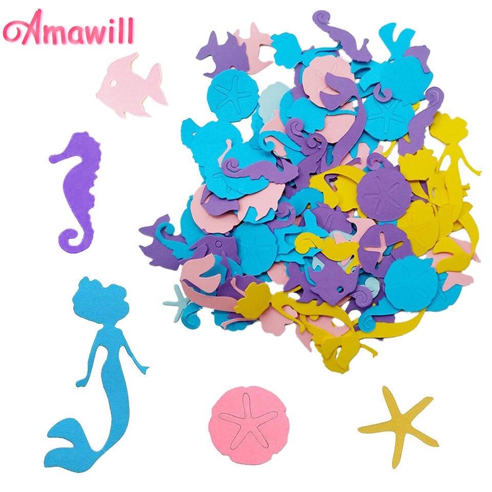 Amawill Mermaid Ocean 100pcs Paper Confetti Mermaid Party Decoration Starfish Seahorse Under The Sea Birthday Party Supplies 75D