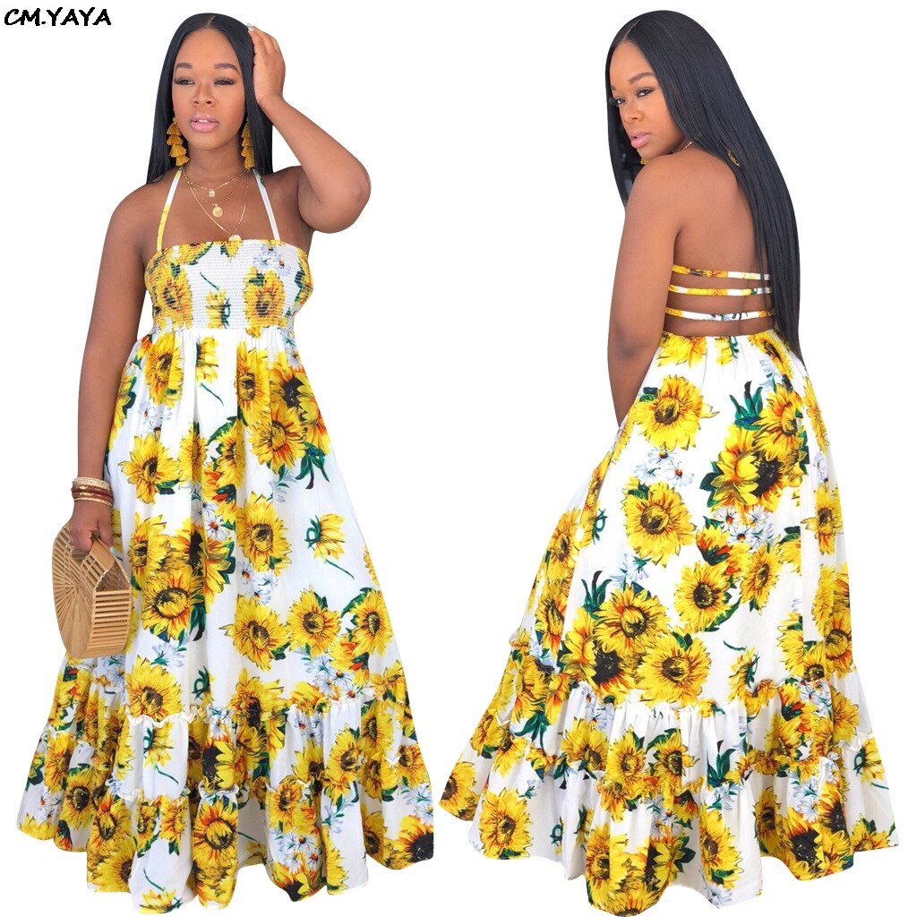 Vestido largo femenino de verano con estampado de girasol, traje largo vintage con estampado de girasol para mujer, cuello hatler, sin mangas, swing grande, vestidos largos a la , GlSMN3087,