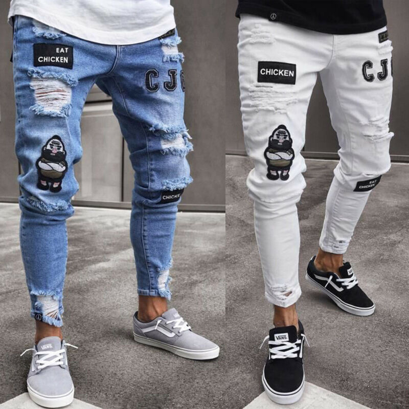 Brand Men Casual Stretchy Ripped Jeans Skinny Biker Jeans Destroyed Taped Slim Fit Denim Pants
