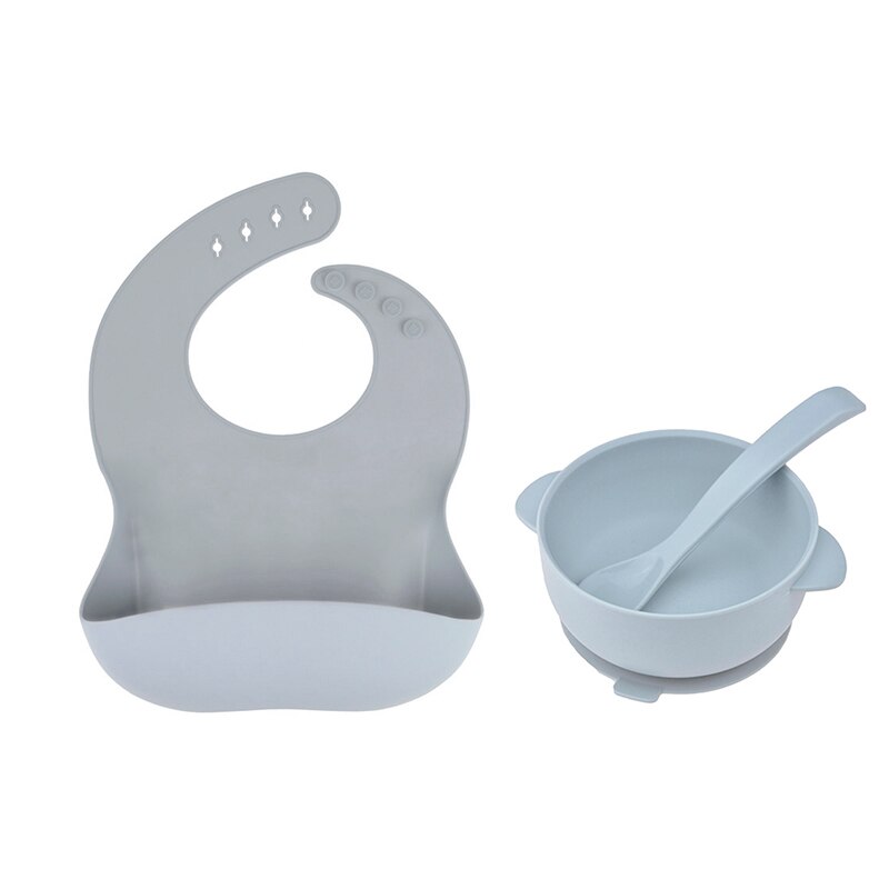 Conjunto de alimentação de silicone crianças utensílios de mesa tigela de sucção de silicone de grau alimentício com colher prato de bebê bpa livre babadores de silicone: Light grey