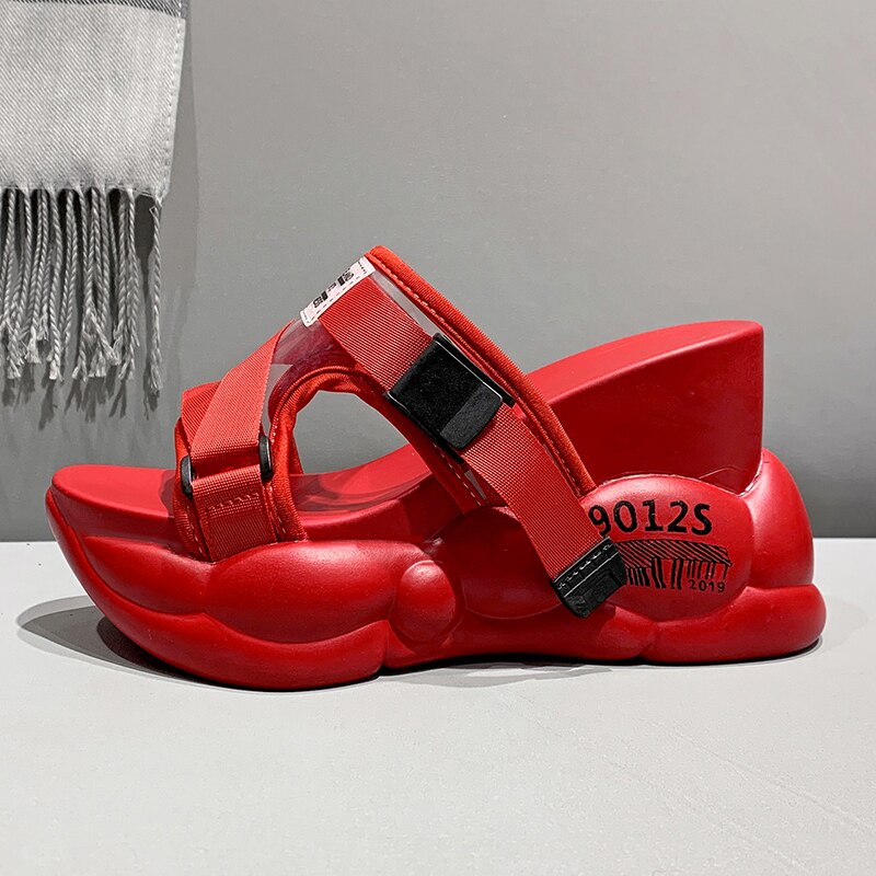 10cm/3.9 inch Height Wedge Slides Thick Bottom Sandals Chunky Shoes For Ladies Summer Outdoor Wear: Red / 37