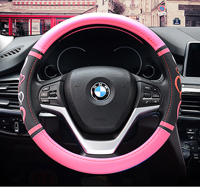 Cartoon Heart Steering Wheel Covers Microfeiber Leather Car Accessories For Girls Black Pink Cute Steering-Wheel Handle Cases: black pink