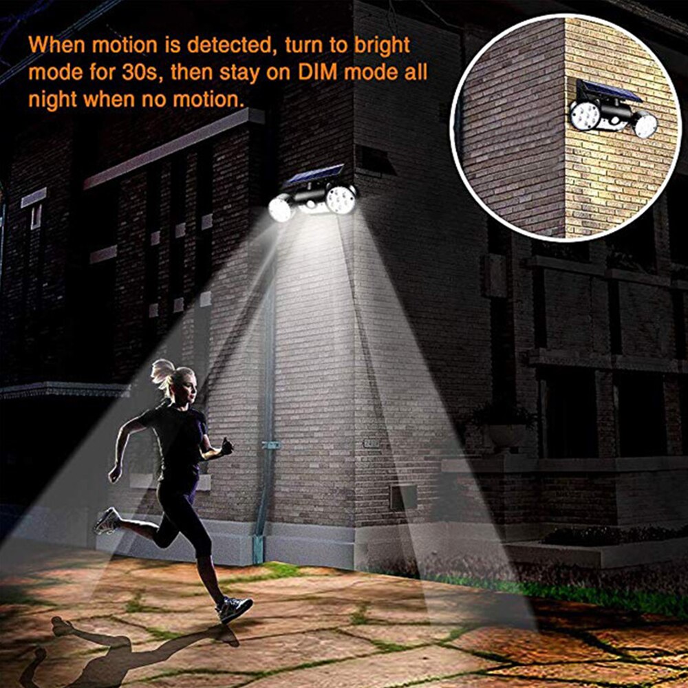 Zonne-energie wandlampen met dubbele kop, 360- graden bewegingsdetectie op zonne-energie, beveiligingsnachtlampjes voor in de tuin