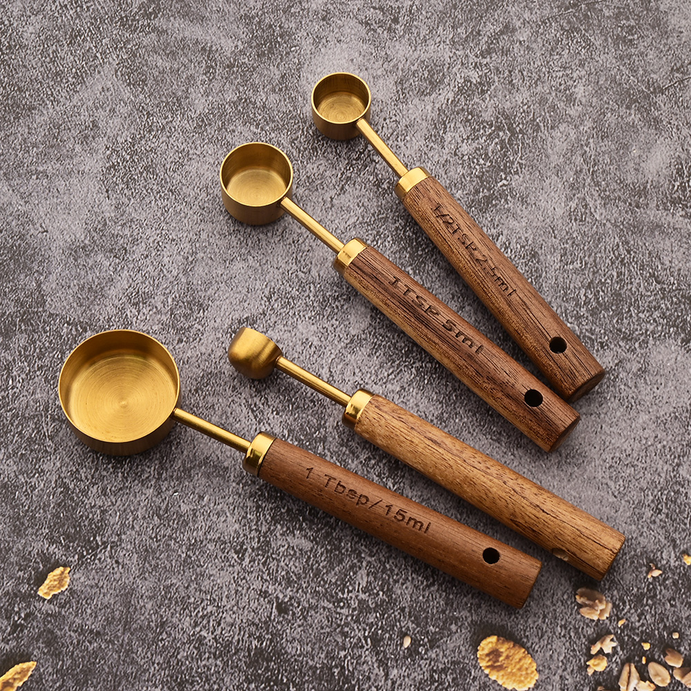 Gold Holzgriff Edelstahl Messbecher Löffel Backwerkzeuge Kaffee Messlöffel Set Barkeeper Maßstab Zubehör