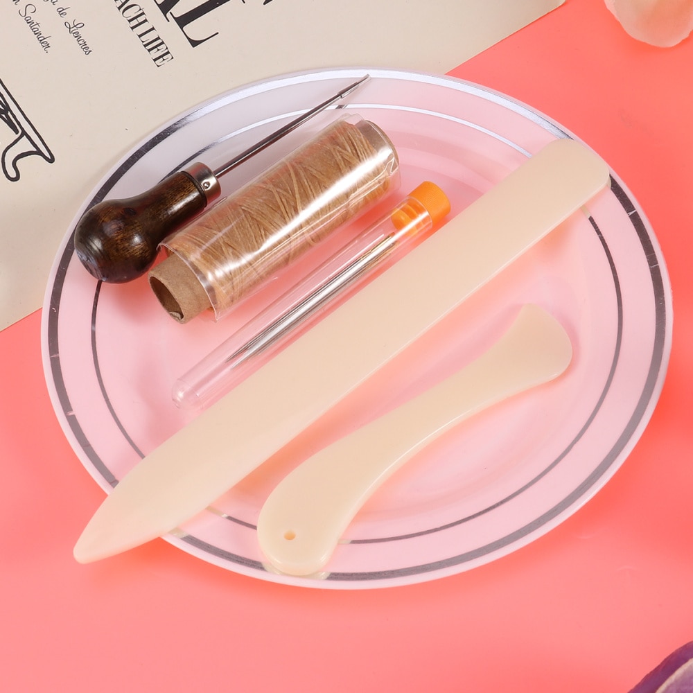 10PCS Bookbinding Tools Set Bone Folder Creaser Waxed Linen Thread Wood Handle Awl Large-eye Needles for Handmade Books