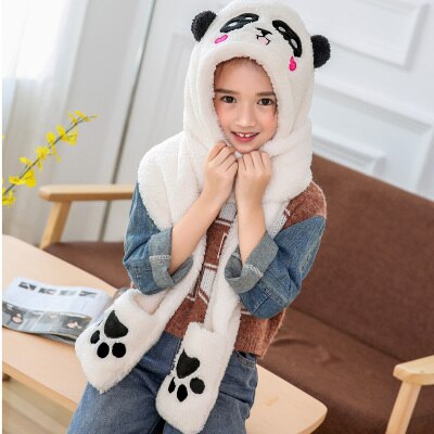 3 in 1 functies dier cartoon koraal fleece sjaal winter mooie panda muts met handschoenen voor kinderen volwassenen kerst: Kinderen lief