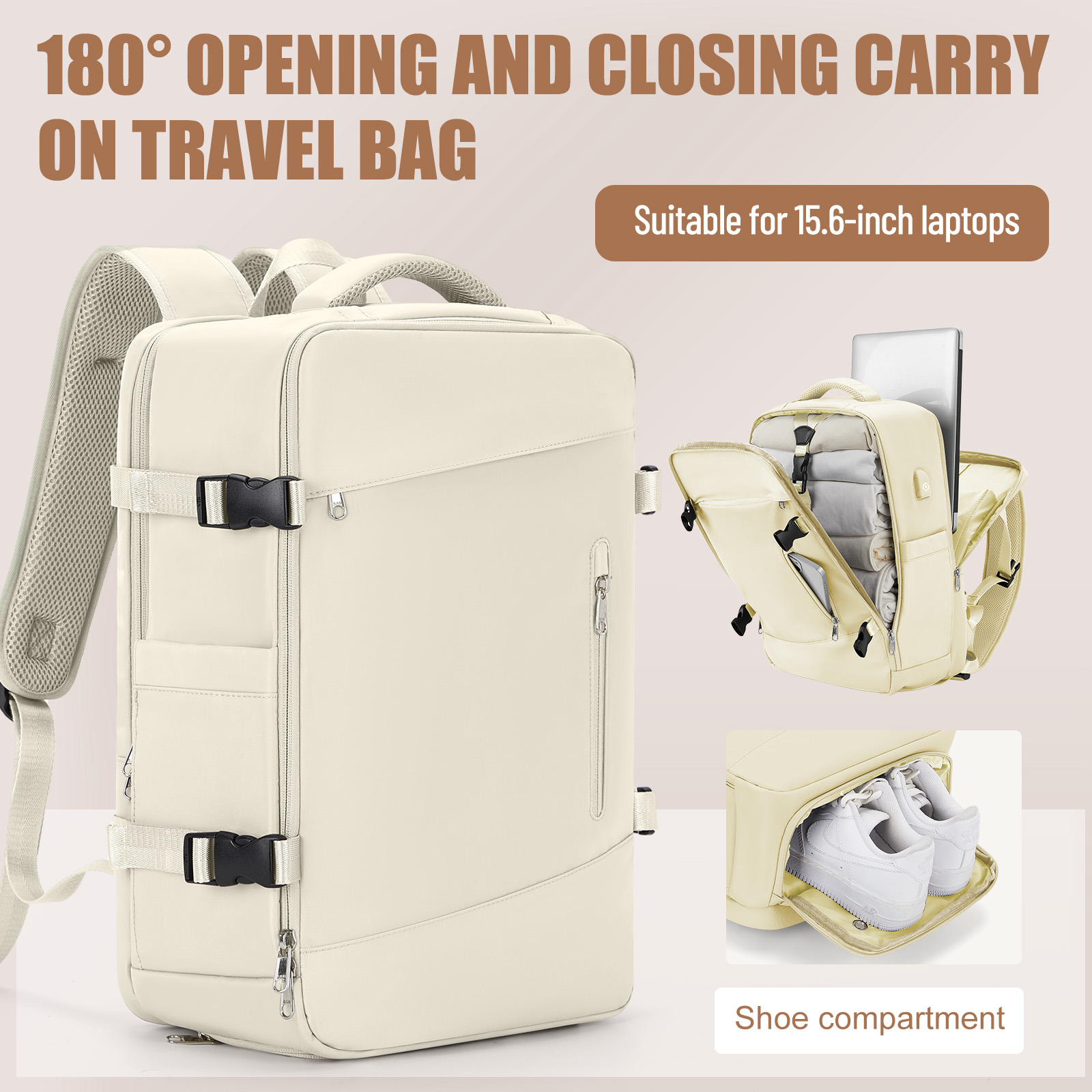 Beste Handbagage Rugzak Vlucht Goedgekeurd, Reis Rugzak Cabine Vliegtuig 40X30X15, Grote Reis Rugzak Voor Vrouwen Mannen: Beige