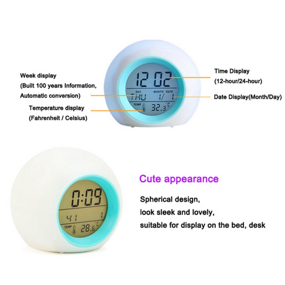 Kids Smart Alarm Clock Thermometer 7 Colors Changing Bedroom Student Wake Up Digital Display Table Clock Sleep Timer