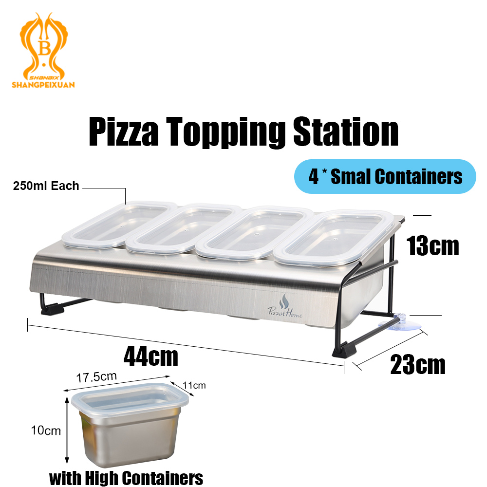 Stainless Steel Pizza Seasoning Container Pizza Topping Station with PP Visiable Lid Fridge Storage Pizza Ingredients Container