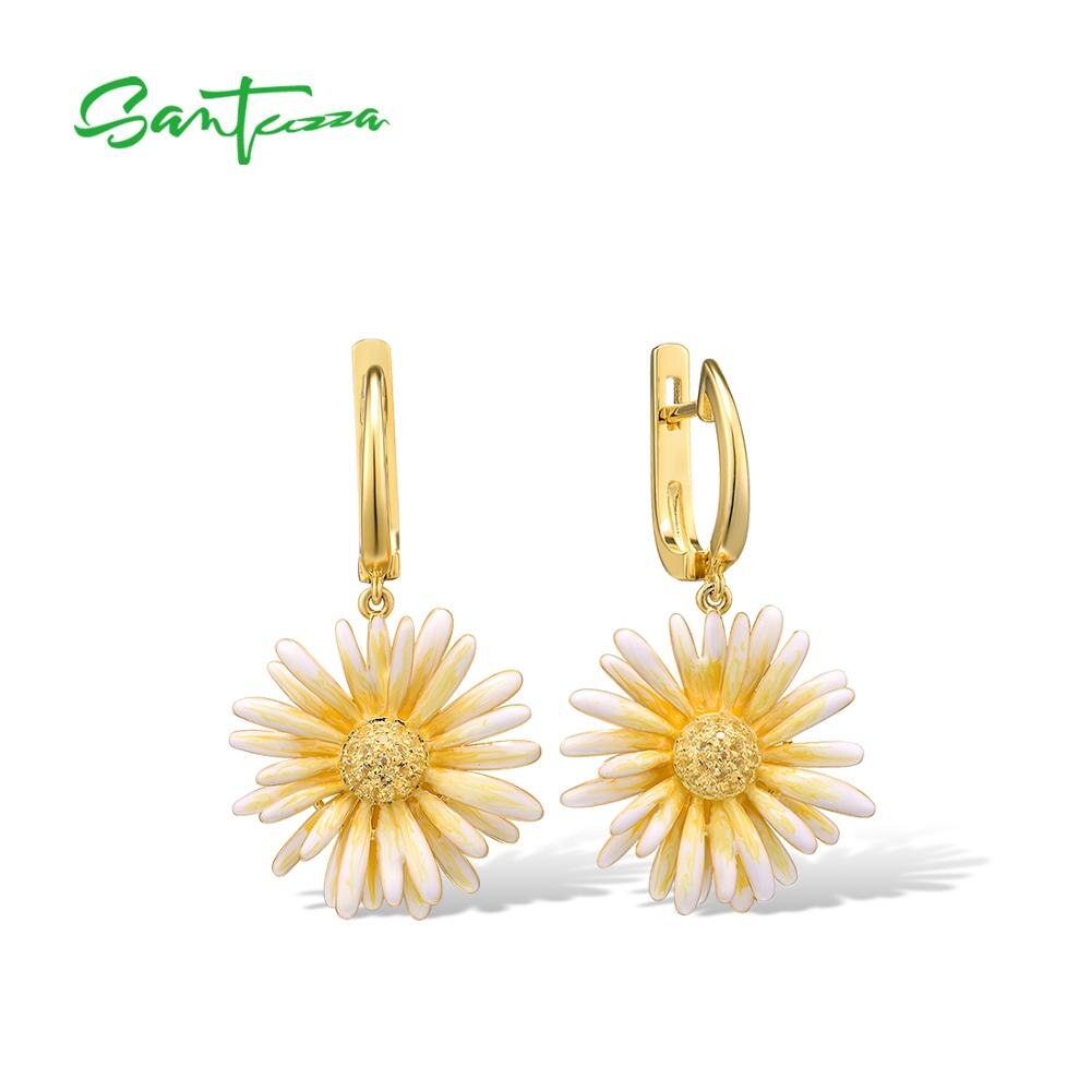 SANTUZZA Silver Jewelry Set for Women 925 Sterling Silver Yellow Daisy Flowers Earrings Ring Set Fine Jewelry Handmade Enamel