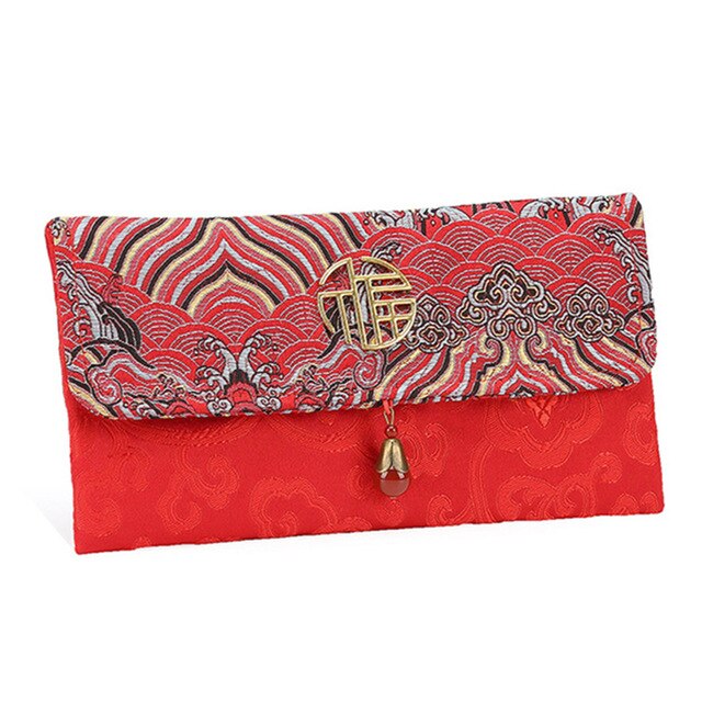 Portefeuille en soie rouge Style chinois , sac de bonne année avec boucle magnétique en Bronze, adapté au Festival du printemps: Argent