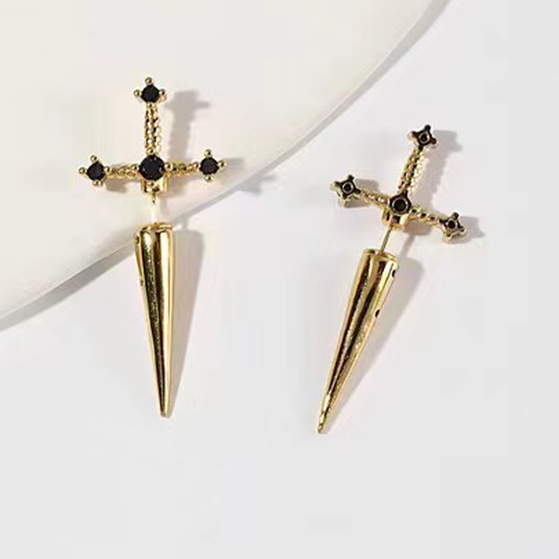 Pendientes de espada Kinitial, chaqueta de oreja de espada extraíble gótica, pendientes de daga, pendientes de daga, pendiente delantero trasero: Color amarillo dorado claro