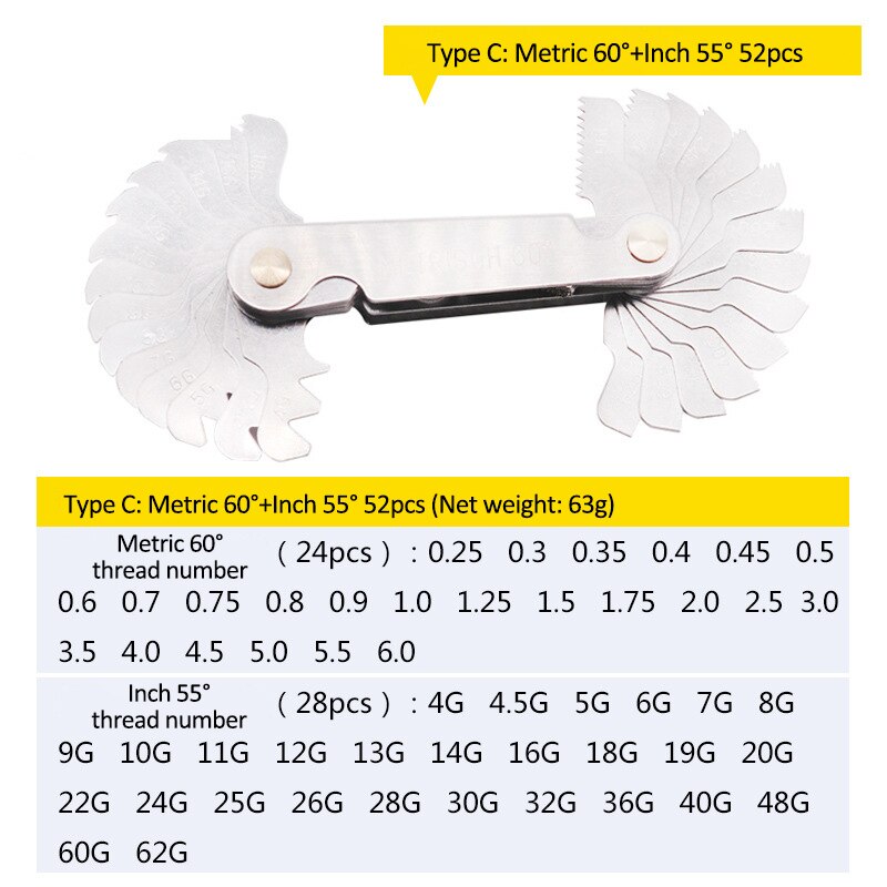 55-60 Graden Metrische Inch Schroefdraad Pitch Gauge Blade Gage Pitch Vouwen Voor Meten Gauging Tool Rvs schroef Gaug: 52pcs