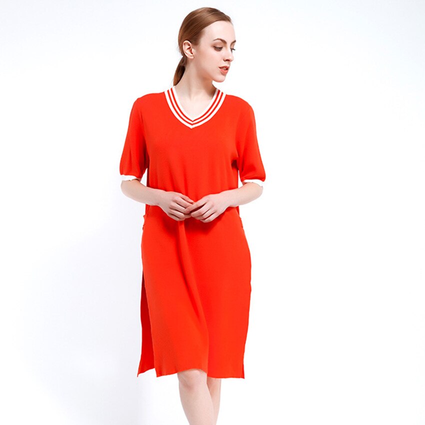 Spring Casual Women's Sweater Pullovers Half-sleeve Pullover Jumper V-neck Knitted Female Solid Dress