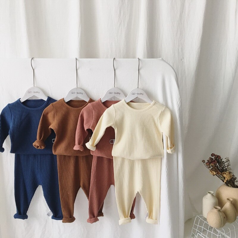 Autumn Winter Baby Pajamas Knitting Waffee Long Sleeve Cotton Girl Boy Overalls with Pants Baby Clothes