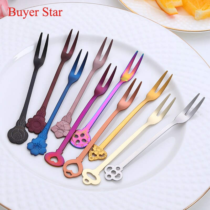 10PCS/Set Fruit Forks Stainless Steel Gold Cake Dessert Forks Lovely Mini Fork Used For Cake in Party Restaurant With Box