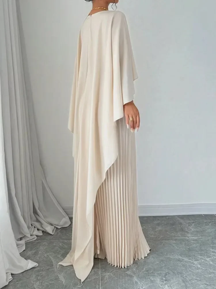 Neue Weibliche Stilvolle High-Low Party Abend Maxi Kleider Frühling Herbst Cape Ärmeln Einfarbig Gefaltetes Langes Kleid
