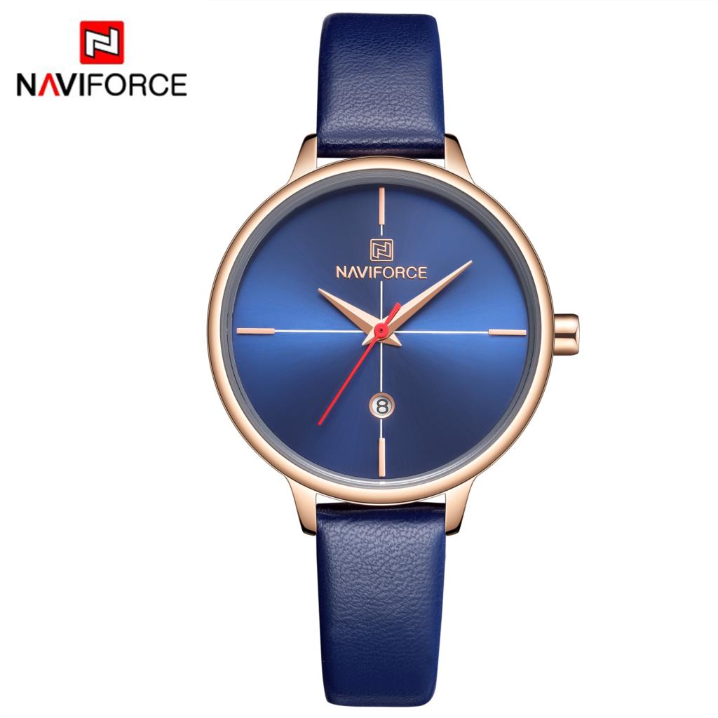 NAVIFORCE Vrouwen Horloge Mode Quartz Lady Blue PU Horlogeband Datum Casual 3ATM Waterdicht Horloge voor Meisje Vrouw Vrouw: Blauw