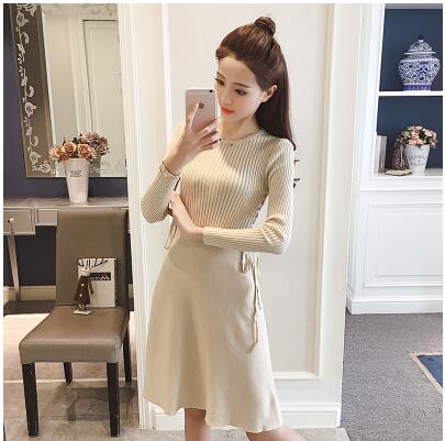 Knitting Long Sleeve Dress Autumn Women's clothing Slim Lace up Elasticity knitted Sweater A-line Dresses: apricot