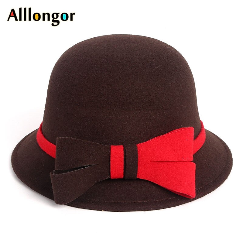 Wool Fedora Hat Women Winter Vintage Felt Hats ladies Bowknot Bucket Cap Black White dome Top Church bowler Hat: Brown