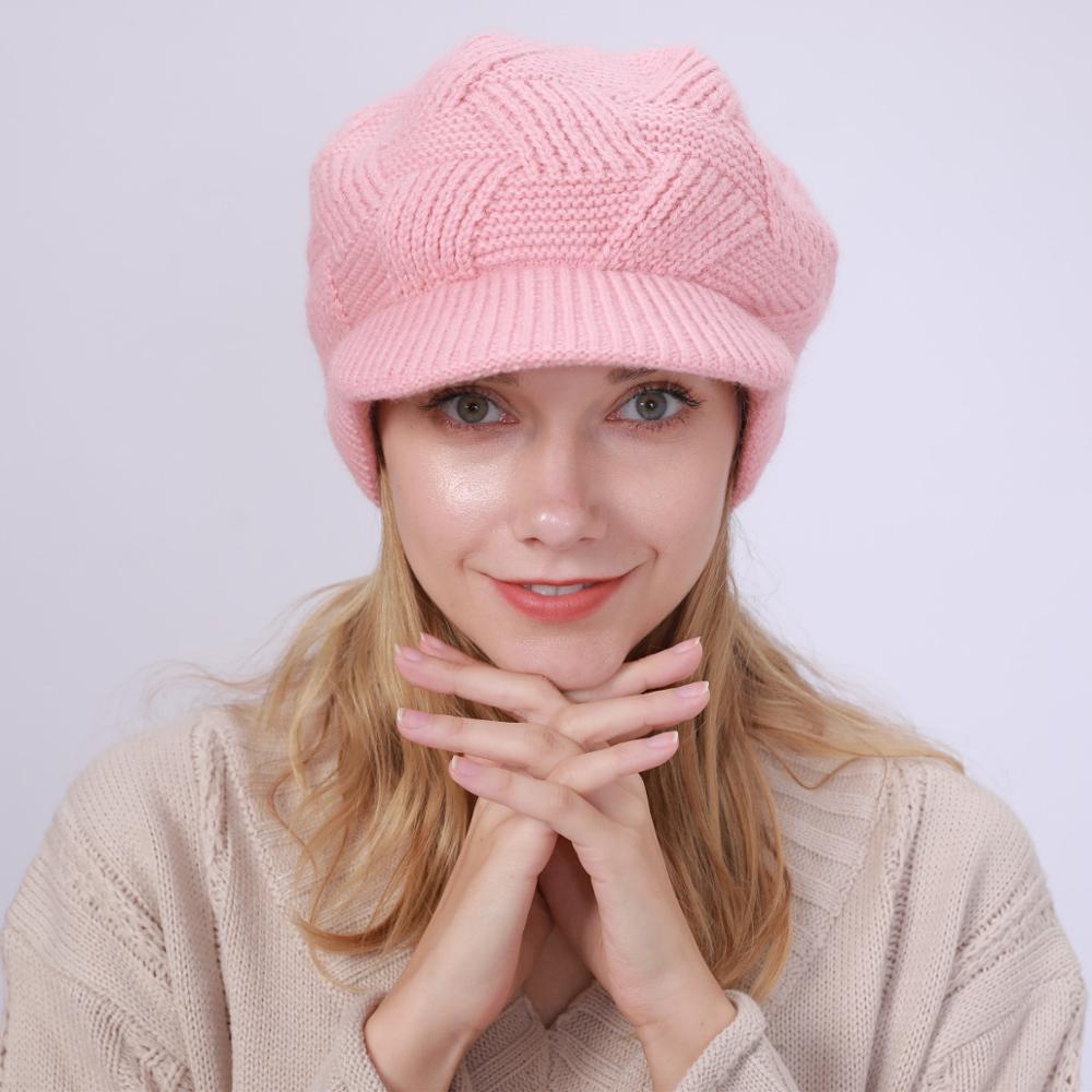 Chapeaux en laine tricotée Skullies, 1 pièce, bonnets de cyclisme en plein air en poils de lapin pour femmes, visières chaudes en polaire, couleur unie