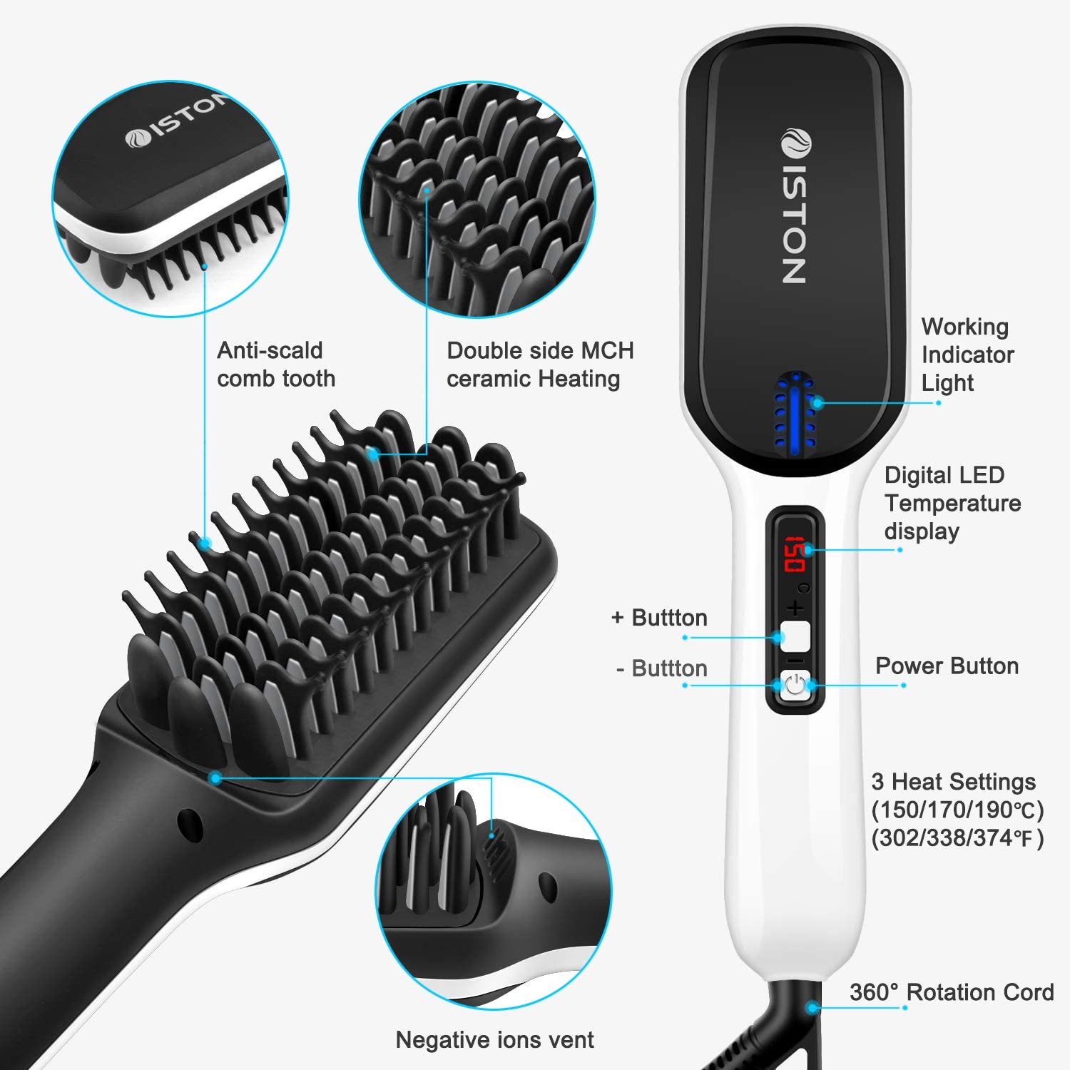 Beard Straightener for Men Ionic Hair straightening Brush Beard/Hair Straightener Comb with Anti-Scald Feature with LED Display