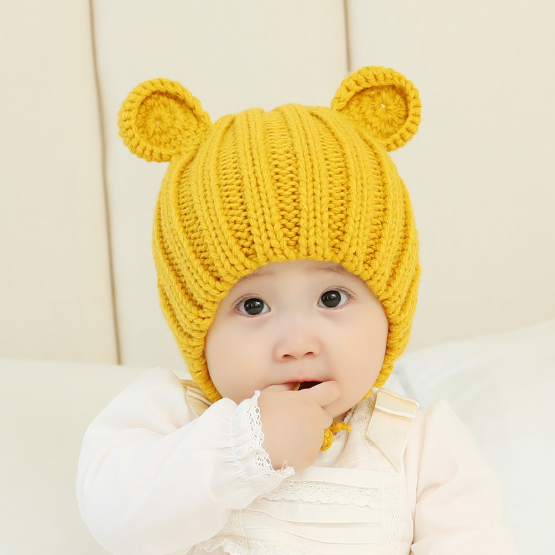 Gorro de punto con orejas para bebé, gorro con cordones de dibujos animados, para niños de 0 a 2 años, 6 colores