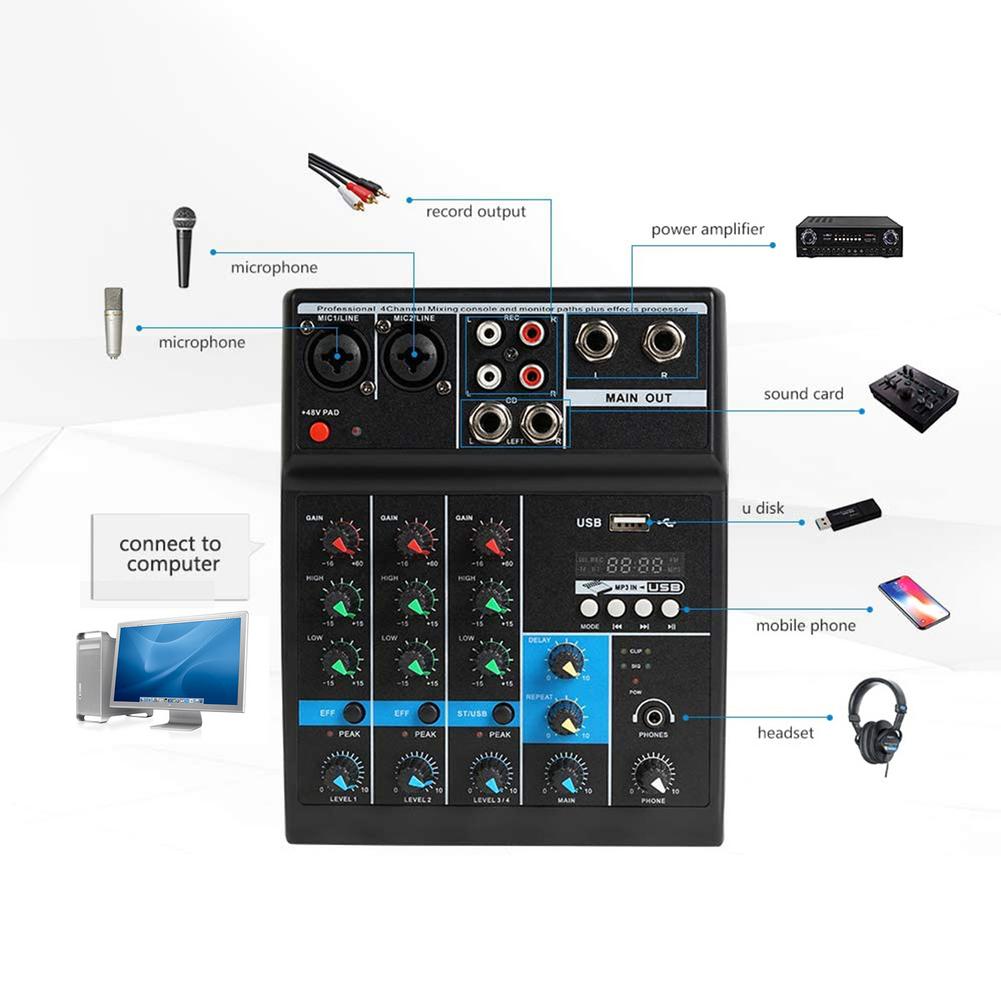 Mini Portable Audio Mixer With USB DJ Sound Mixing Console MP3 Jack 4 Channel Karaoke 48V Amplifier For Karaoke KTV Match Party
