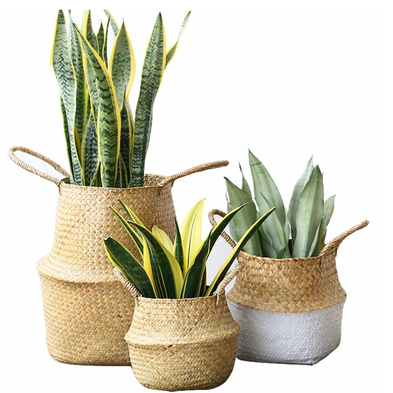 Folding Handmade Storage Basket Decorative Rattan Plant Flower Pot Woven Wicker Belly Laundry Basket Home Decor