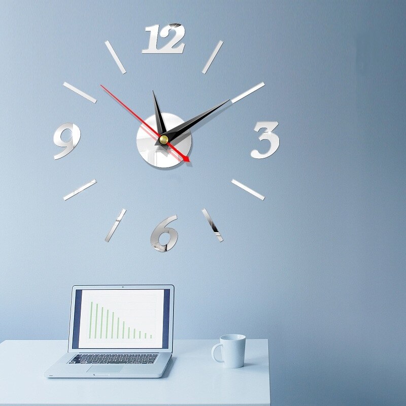 Reloj de pared 3D DIY, decoraciones de pared de cuarzo, adorno de pared de salón, relojes de cocina, espejo acrílico, adhesivos Reloj de pared, decoración del hogar: Plata
