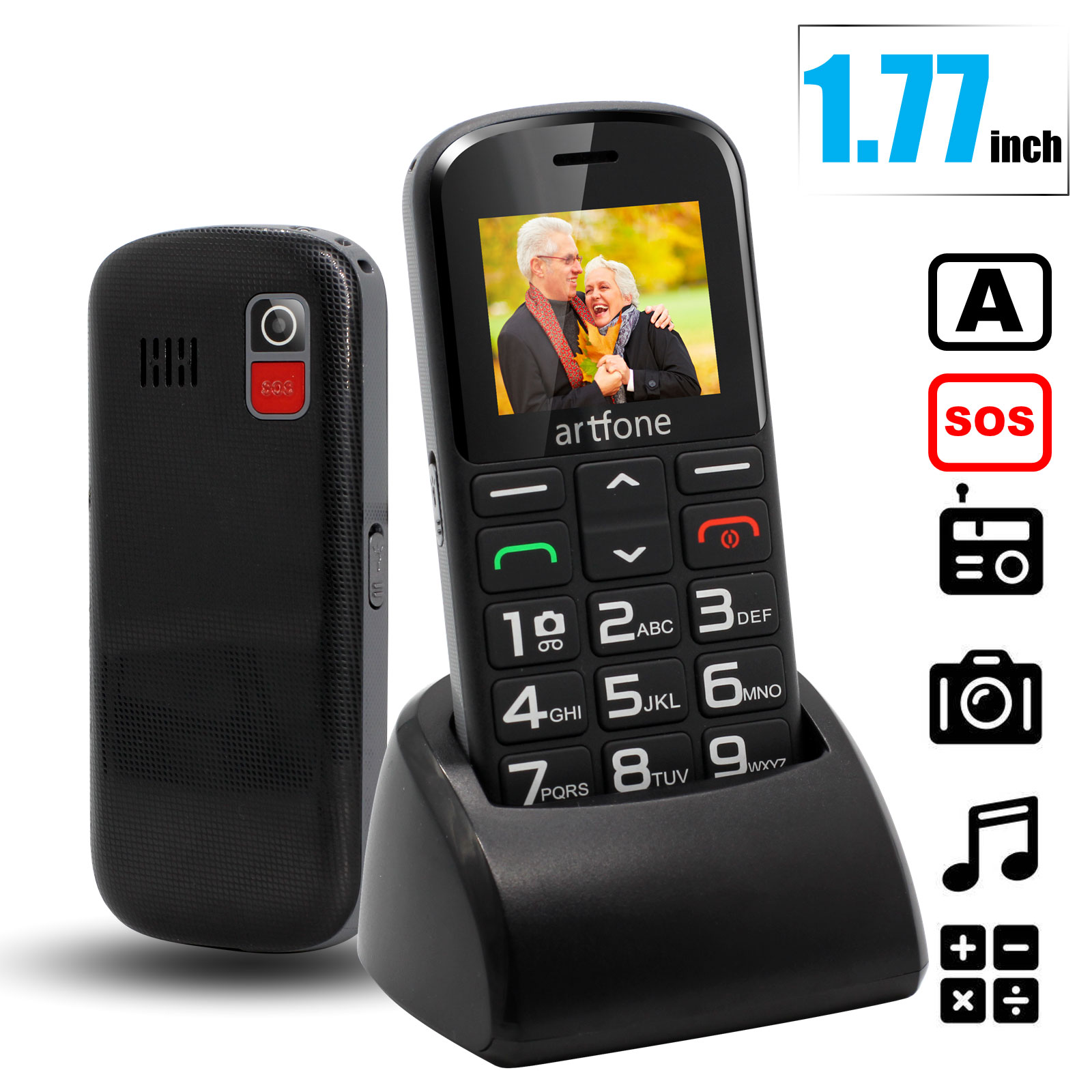 Bar celular sênior artfone cs181 cs182 cs188 gsm 2g grande voz botão grande telefone móvel para idosos uma chave sos tocha sim dupla: Preto