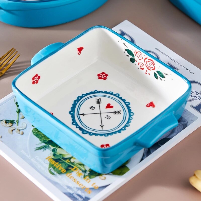 Liefde Netto Rode Gestreepte Bakplaat Twee-Oor Ronde Vierkante Schotel Thuis Bestek Magnetron Kaas Rijst Plaat